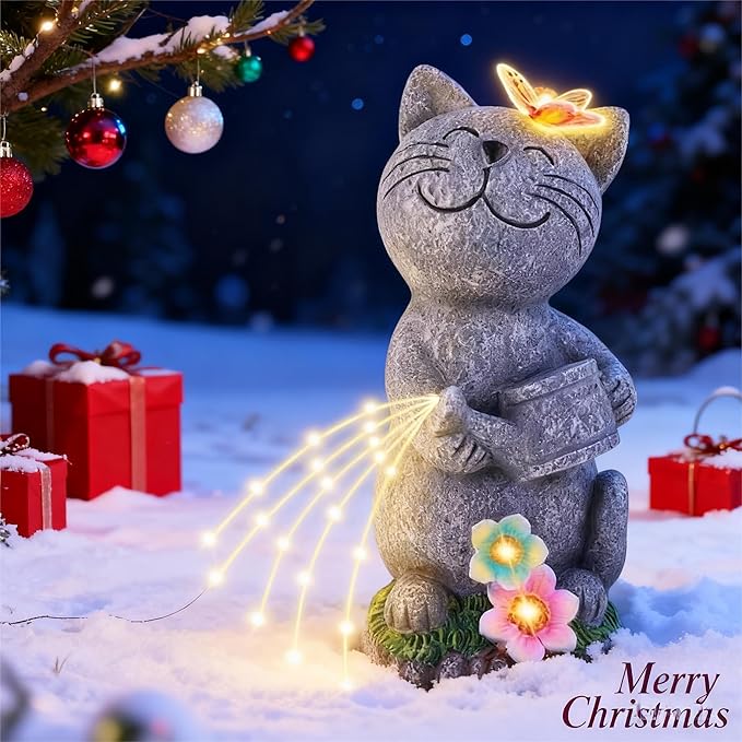 Solar Garden Cat Decor, Animal Statue Outdoor Lights, Mothers Day Birthday Housewarming Gifts for Mom Grandma Women Sister Wife Lady Lover-Patio, Porch, Yard, Balcony Decorations, Lawn Ornaments.