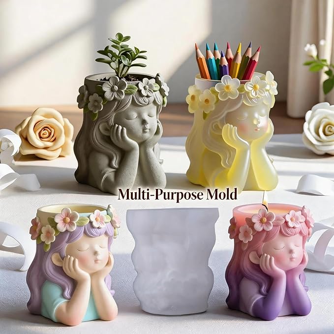 1Pc Cute Girl Resin Casting Mold 3D Flower Crown Head Silicone Mold for Epoxy Succulents Planter Pen Holder Candle Making Concrete DIY Craft Home Decor Handmade Gifts Easy Demold