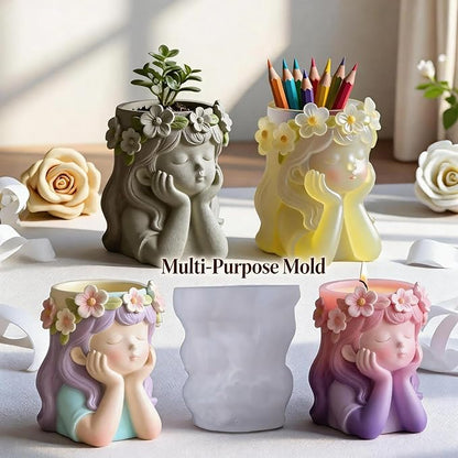 1Pc Cute Girl Resin Casting Mold 3D Flower Crown Head Silicone Mold for Epoxy Succulents Planter Pen Holder Candle Making Concrete DIY Craft Home Decor Handmade Gifts Easy Demold