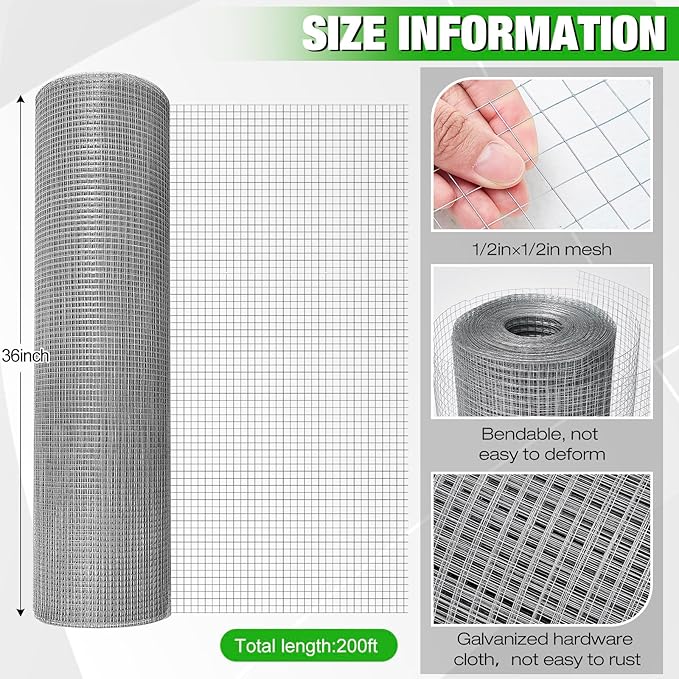 Tatuo Hardware Cloth 1/2 Inch 36in x 200ft Hot Dip Galvanized After Welded Cage Mesh Rolls 21 Gauge Metal Chicken Wire Roll Wire Fencing Poultry Netting for Raised Garden Rodent Animals