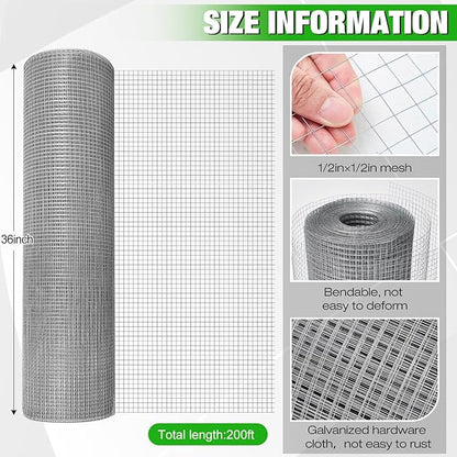 Tatuo Hardware Cloth 1/2 Inch 36in x 200ft Hot Dip Galvanized After Welded Cage Mesh Rolls 21 Gauge Metal Chicken Wire Roll Wire Fencing Poultry Netting for Raised Garden Rodent Animals