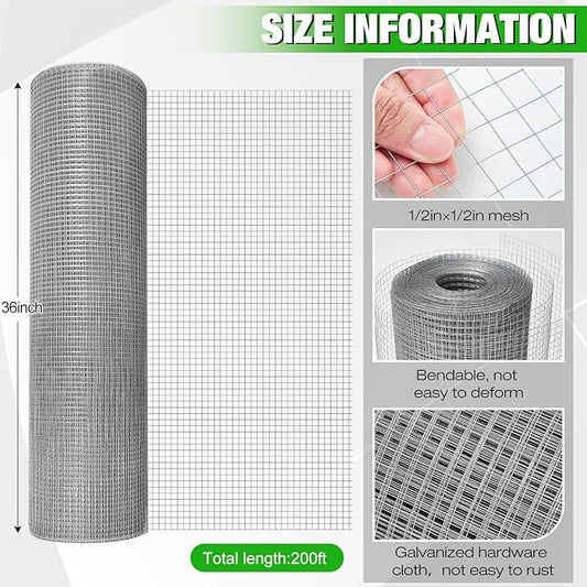 Tatuo Hardware Cloth 1/2 Inch 36in x 200ft Hot Dip Galvanized After Welded Cage Mesh Rolls 21 Gauge Metal Chicken Wire Roll Wire Fencing Poultry Netting for Raised Garden Rodent Animals
