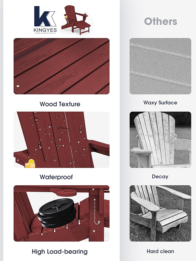 KINGYES Folding Adjustable Adirondack Chair with Ottoman & 2 Cup Holders, HDEP Multifunctional Adirondack Chair with Footrest, Red