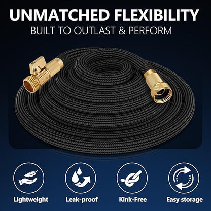 Flexible Garden Hose 50 FT, Ultra Lightweight Water Hoses 50FT w/10 Function Sprayer and 3/4" Brass Fittings, Kink-Free, Sturdy, Abrasion Resistant for Yard, Lawn, Outdoor and Gardening(Black)