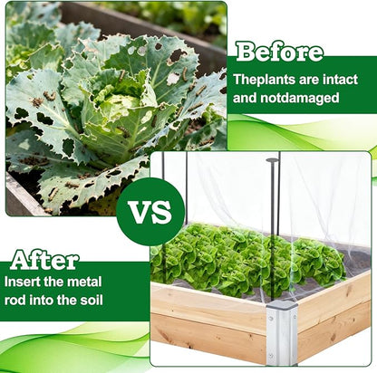 Metal Garden Netting Kit, 8 Pack 2.6ft Raised Garden Bed Net Support Stakes with 10´×13´ Fine Mesh Insect Netting 16pcs Clips Bird Barrier Screen Cover for Protect Plant Vegetable Row from Animals Bug