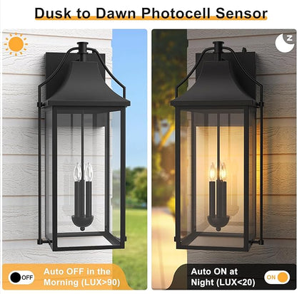 25-INCH Dusk to Dawn Outdoor Wall Light, Large Size Waterproof Patio Lanterns, 3-Light Exterior Wall Mount Lantern Sconce with Glass, Black Wall Sconces for House Garage Front Door