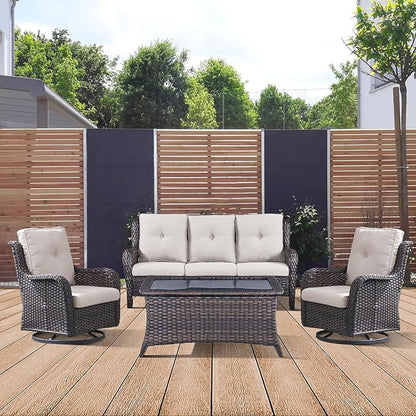 4 Piece Patio Furniture-All-Weather PE Wicker Outdoor Patio Furniture with Swivel Rocker Chairs,Outdoor Couch, Set with Coffee Table-Brown/Beige