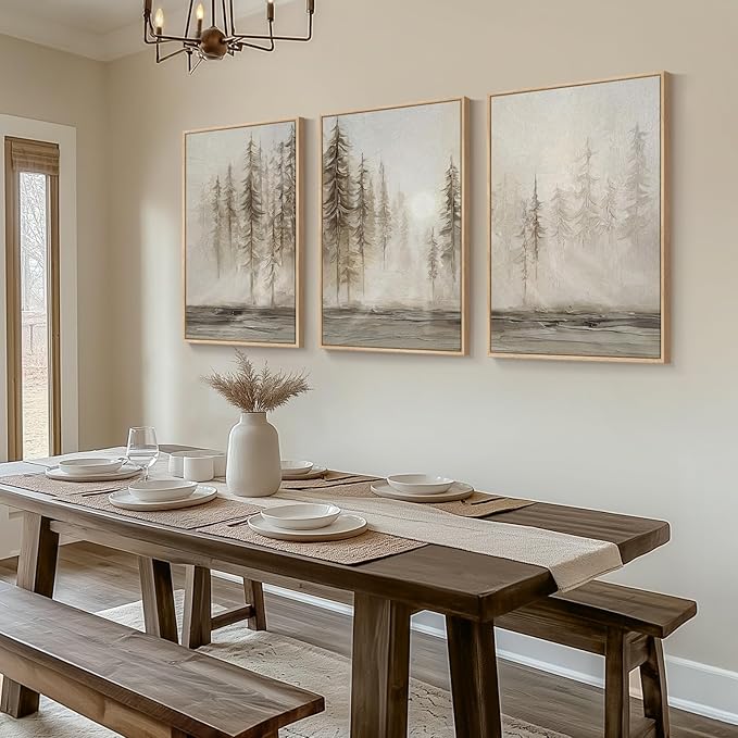Framed Neutral Wall Art for Living Room, Large 3 Piece Abstract Pastel Grunge Forest Landscape Tree Canvas Artwork Set, Modern Art Decorative Nordic Painting Picture Prints for Hallway Office 24x36 In