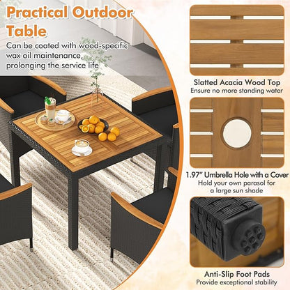 Tangkula 5 Pieces Patio Dining Table Set for 4, Rattan Conversation Set with Umbrella Hole, Seat Cushions & Acacia Wood Tabletop, Outdoor Dining Table with 8 Chairs for Backyard (Black)