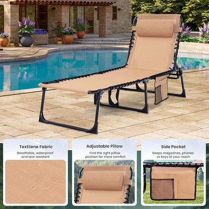 Outdoor Folding Chaise Lounge 5-Position Adjustable Recliner 400LB Heavy Duty Portable Patio Camping Beach Chair, Beige