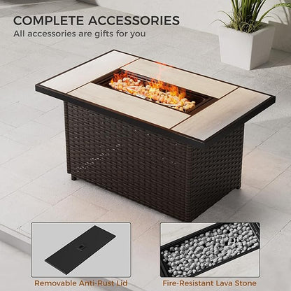 Grand patio 8-Piece Patio Furniture Set with 47" Fire Pit Table, Outdoor Conversation Set & 50,000 BTU 47 Inch Rectangle Propane Fire Pit with Water Resistant Blue Thick Cushions, Brown