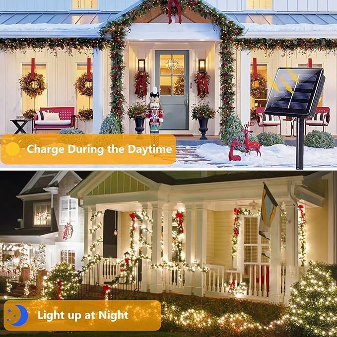 4 Pack 180FT Solar String Lights for Outside, Super Bright 320 LED Solar Christmas Lights Outdoor Waterproof with 8 Modes, Green Wire Solar Twinkle Fairy Lights for Xmas Tree Party Yard (Warm White)