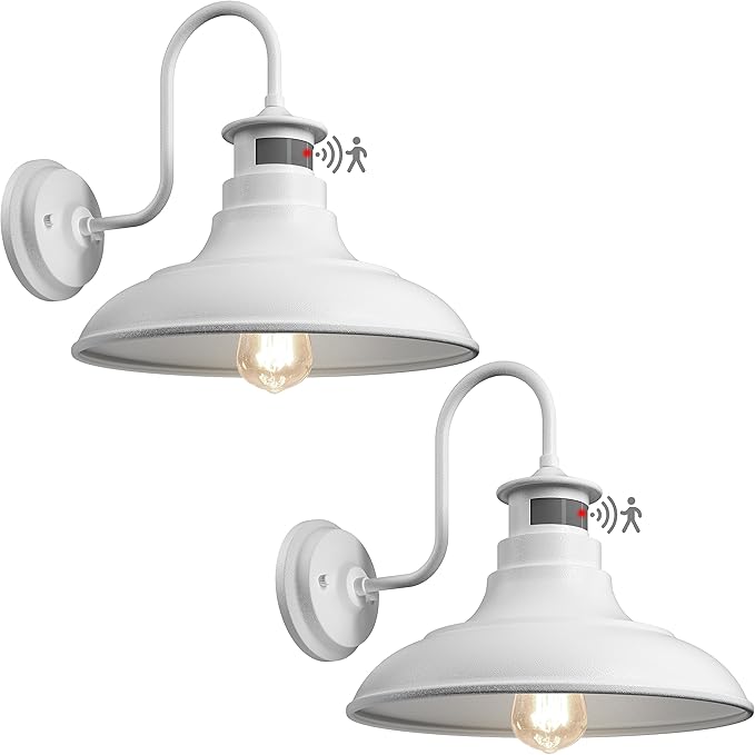 2 Pack Farmhouse Gooseneck Wall Sconce Barn Lights,Motion Sensor and Dusk to Dawn Outdoor Wall Mount Lighting Fixtures,3 Modes Exterior Porch Light IP65 Waterproof E26 Matte White Wall Lamp for Patio