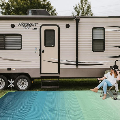 Anidaroel 8x10ft Ombre Outdoor Rug for Patios Clearance, Waterproof Camping Rug for Outside RV, Reversible Plastic Straw Outside Rugs, Large Outdoor Area Rug for Camper, Picnic(Blue&Green,8'x10')