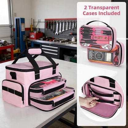 Pink Tool Bag for Women with 2 Clear Pouches, 12-inch Tool Storage Organizer, Double Layer Tool Box for Electrician, Carpenters, Repairman, Pink
