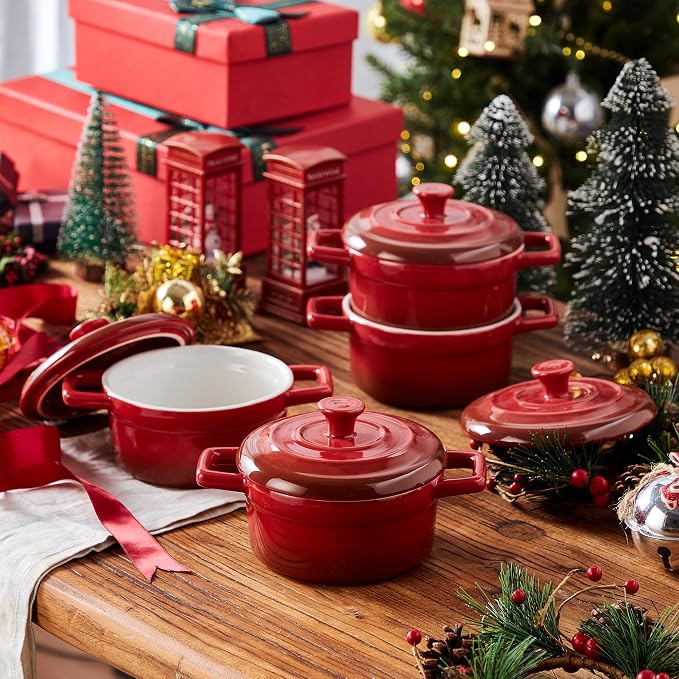 Lareina Mini Cocotte - 12oz Ceramic Casserole Dishes - Kitchen Casserole Sets With Handles And Lid - Small Baking Ramekins - Oven, Microwave & Dishwasher Safe - Set of 4 - Red | Small casserole ramekins with handles, oven, microwave & dishwasher safe. ...