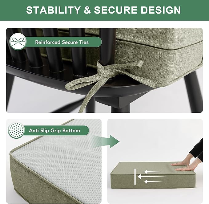 Summsun Water Resistant Outdoor Chair Cushions, Faux Linen Backrest and Deep Seat Cushion Set with Ties, Removable Cover, Non-Slip Bottom for Patio Furniture, 22 x 22 Inch, Mocca Green