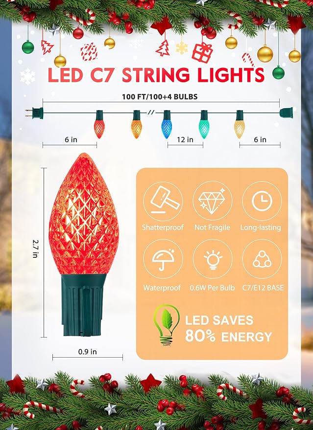 Multicolor C7 LED Christmas Lights Outdoor, 100FT Colorful Christmas String Lights with 100+4 Plastic Bulbs, Traditional Hanging Holiday Lights for Christmas Tree Patio Fence Roofline Xmas Decorations