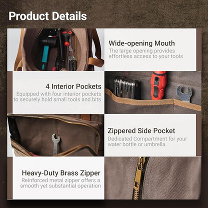 Waxed Canvas 13-Inch Military Style Small Tool Bag, Wide Mouth Bag for Screwdrivers/Wrench/Pliers Hand Tools Storage (Grey)