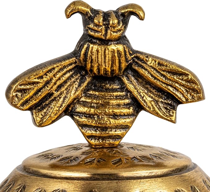 Creative Co-Op Round Hammered Metal Container with Bee Finial, Brass Finish