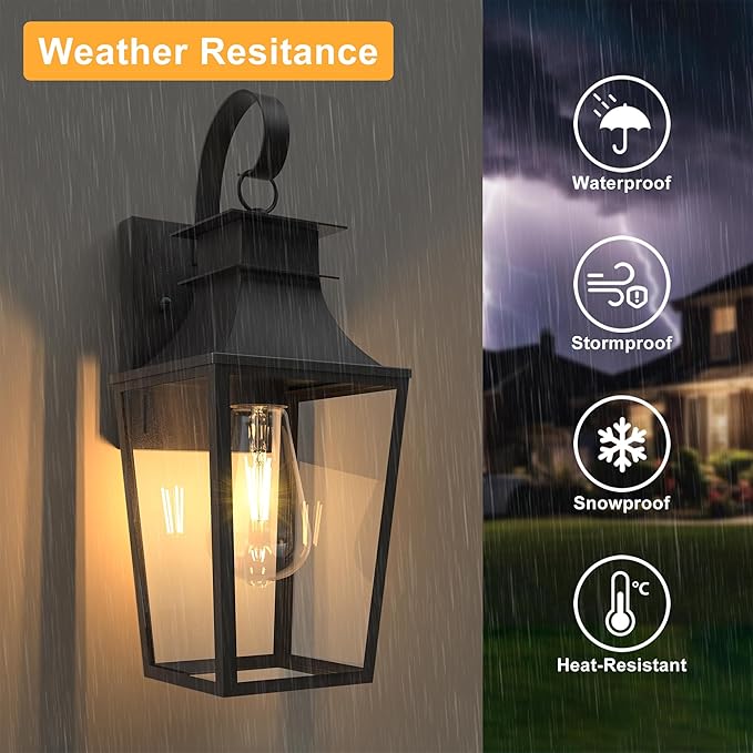 𝟏𝟔 𝐈𝐍𝐂𝐇 Outdoor Wall Light Fixtures, Dusk to Dawn Outdoor Lighting Wall Mount with E26 Sockets & Clear Glass Shades, Waterproof Exterior Black Porch Lights for Front Door Garage Patio