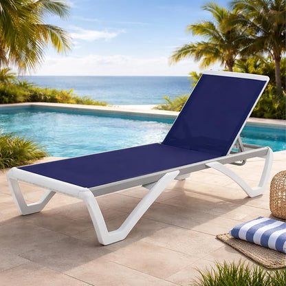 Kozyard Outdoor Chaise Lounge Chair, Fully Flat Adjustable Patio Lounger with Aluminum Frame & Resin Legs, Textilene Fabric for Poolside, Backyard & Beach (Navy Blue)