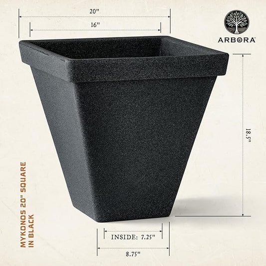 ARBORA 20" Mykonos Square Polyresin Indoor and Outdoor Planter with Classic Black Finish - Durable, All Season, Weatherproof, Lightweight, Large Plant Pot for Patio, Garden, Deck, Entryway