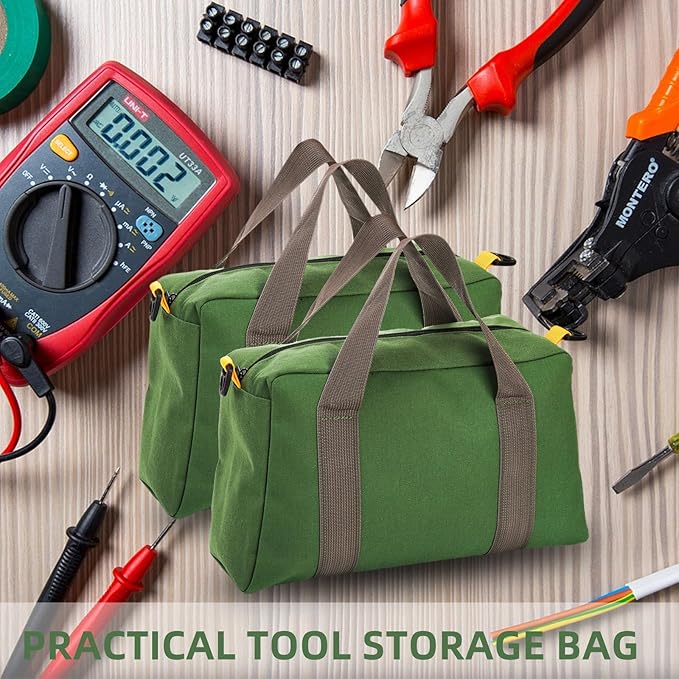 WRINGKIT 2 Pack Wide Mouth Tool Bags, 14" Heavy Duty Canvas Tool Storage Bag, Large Capacity Zipper Utility Tools Tote Organizer Pouch for Electricians, Carpenter, Mechanic