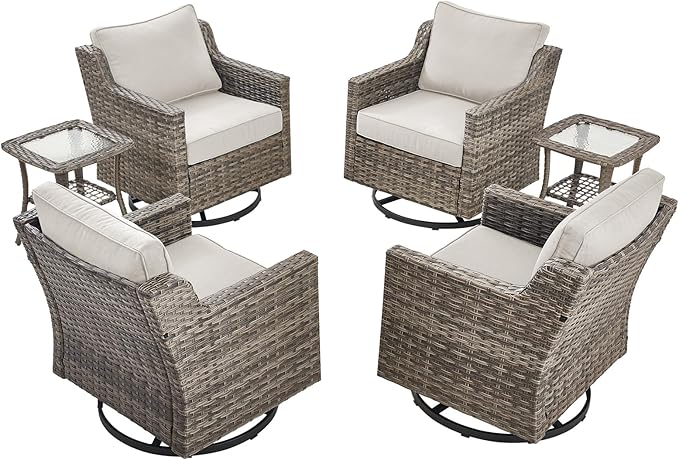 Patio Wicker Chairs Swivel Rocker-Outdoor Swivel Rocker Chair Set of 4 with All Weather Wicker Glider Rocker Set, PE Rattan Swivel Rocking Chair with 2 Side Table for Balcony Deck Porch Grey/Beige