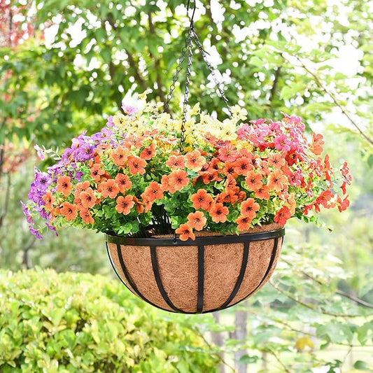 4 Pack 16 Inch Hanging Planters for Outdoor Plants Metal Hanging Planter Basket with Coco Coir Liner Round Plant Black Flat Iron Metal Flower Pots for Deck Patio Porch Garden Balcony