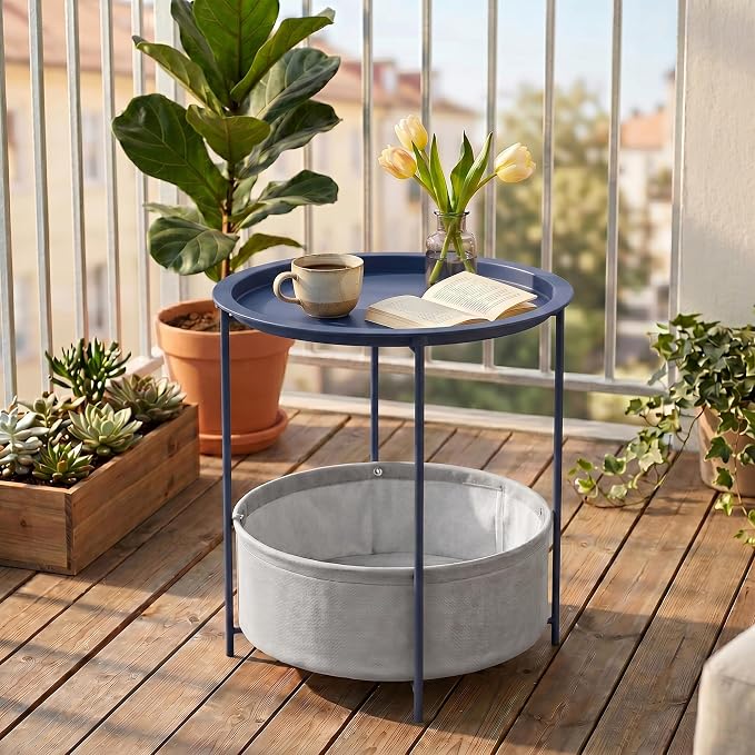 VECELO Round Side/End Table with Fabric Storage Basket，Metal Anti-Rust and Waterproof Small Bedside Nightstand with Removable Tray Top for Living Room，Balcony & Laundry，Blue /2pcs with Basket