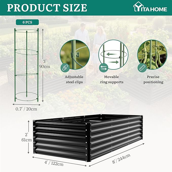YITAHOME 2pcs 8x4x2ft Galvanized Raised Garden Bed with Tomato Cages, Galvanized Planter Box with Tomato Trellis, Gloves, Support Rod, Outdoor Flower Bed for Climbing Plants, Vegetables, Flower, Black