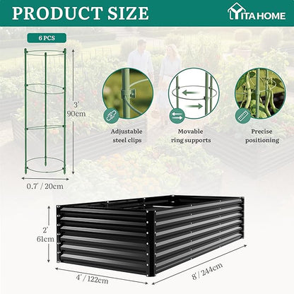 YITAHOME 2pcs 8x4x2ft Galvanized Raised Garden Bed with Tomato Cages, Galvanized Planter Box with Tomato Trellis, Gloves, Support Rod, Outdoor Flower Bed for Climbing Plants, Vegetables, Flower, Black