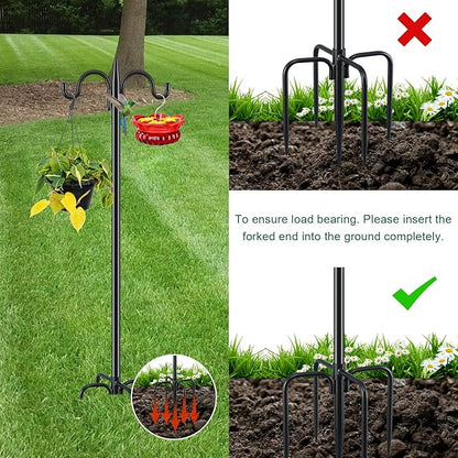 Gtongoko Bird Feeder Pole for Outdoors Heavy Duty, 2 Pack 108 Inch Double Shepherds Hook with 5-Prong Stable Base, 3/4 Inch Thick Hummingbird Feeder Stand for Hanging Plants, Lanterns