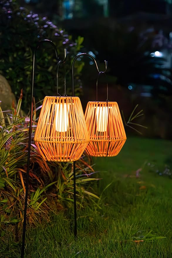 YAKii 2 Pack Solar Flame Lantern Hanging Waterproof Outdoor Handmade Solar Lamp with Dancing Flickering Flame Plastic Rattan Bohemian Style Decoration for Garden Yard Patio Porch Trees Pathway Decor