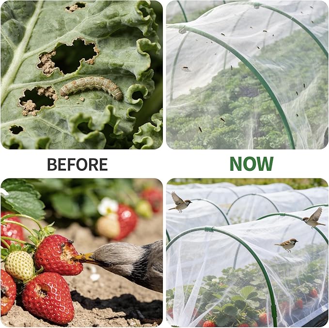 Garden Netting Kit for Raised Bed, 8X20FT Ultra Fine Mesh Netting with 6 Sets Garden Hoops & 18pcs Clips, Reusable Plant Row Cover Bird Netting for Garden Protection