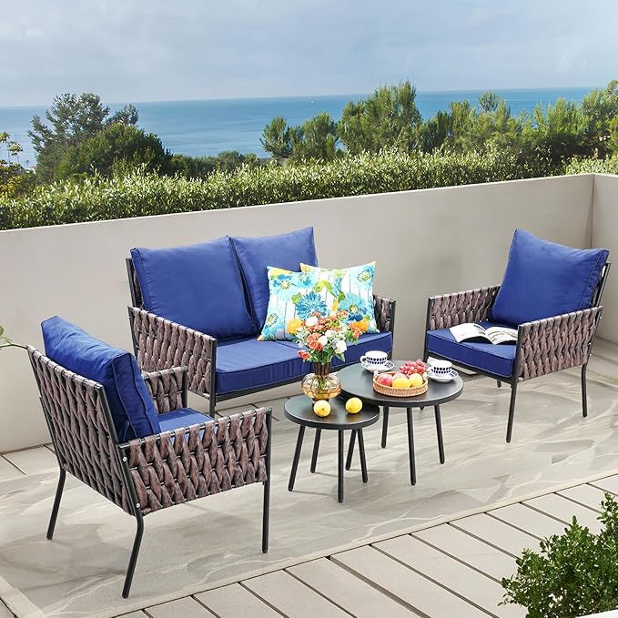 Patio Furniture Set, 5-Piece Wider Outdoor Metal Seating Sofa with High Back & Lovsest, Coffee Ta ble, All Weather Rattan Conversation for Garden,Backyard, Poolside-Navy