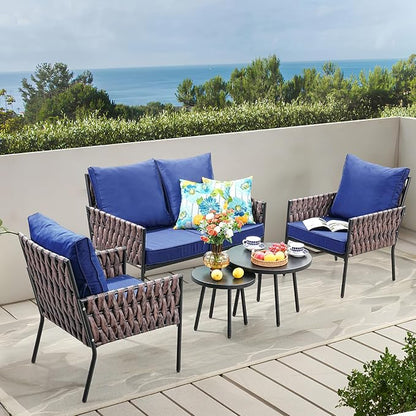 Patio Furniture Set, 5-Piece Wider Outdoor Metal Seating Sofa with High Back & Lovsest, Coffee Ta ble, All Weather Rattan Conversation for Garden,Backyard, Poolside-Navy