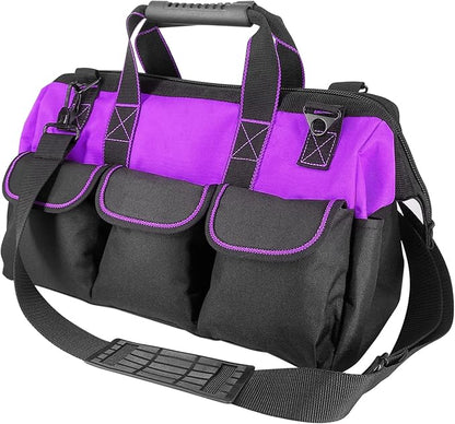 Garden Tools Bag 16 inch Wide Mouth Tool Bag with Molded Base Tool Tote for Women, Heavy Duty,600D polyester fabric (Purple color)