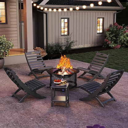 GREENVINES 3 Pieces Patio Furniture Set | Outdoor Bistro Sets for 2 | HDPE Plastic | Folding-Adirondack-Chairs-with-Side-Table | All Weather | Xavier Chair | for Porch Deck Poolside Backyard | Gray