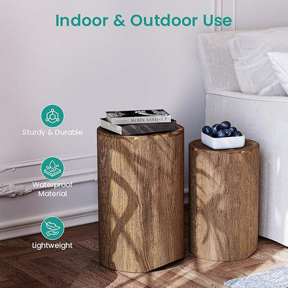 SUNBURY Concrete Side Table Set of 2, Outdoor Side Table Nesting for Patio, Outdoor Accent Table Patio End Table in Woodgrain, Ceramic for Balcony, Courtyard, Round, Light Brown