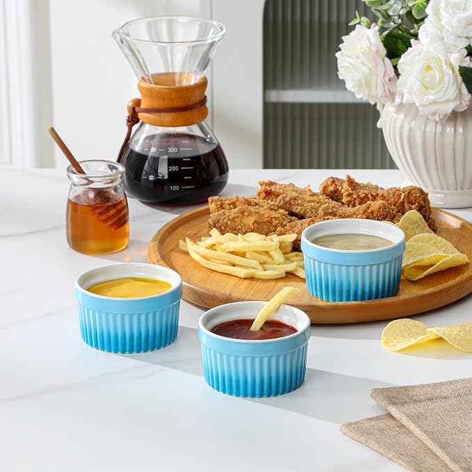 MALACASA Ramekins 4 oz Oven Safe, Small Ceramic Souffle Dishes for Creme Brulee Souffle, Stoneware Custard Cups Ramiken for Baking, Baking Bowls Dipping Sauce Dish Set of 6, Blue, Series RAMEKIN-DISH