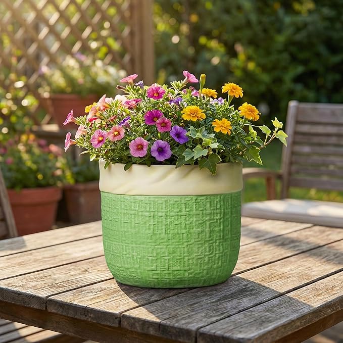 8 Inch Plant Pot - Ceramic Pots for Plants with Drainage Hole, Ceramic Flower Pots for Indoor Plants Outdoor, Decorative Boho Planter, House Garden Decor, Gardening Gifts for Women, Green