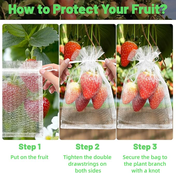 100Pcs Fruit Protection Bags, 4x6 Inch White Fruit Bags for Fruit Trees with Drawstring, Reusable Mesh Fruit Netting Cover Bags for Tomatoes, Strawberry, Vegetable