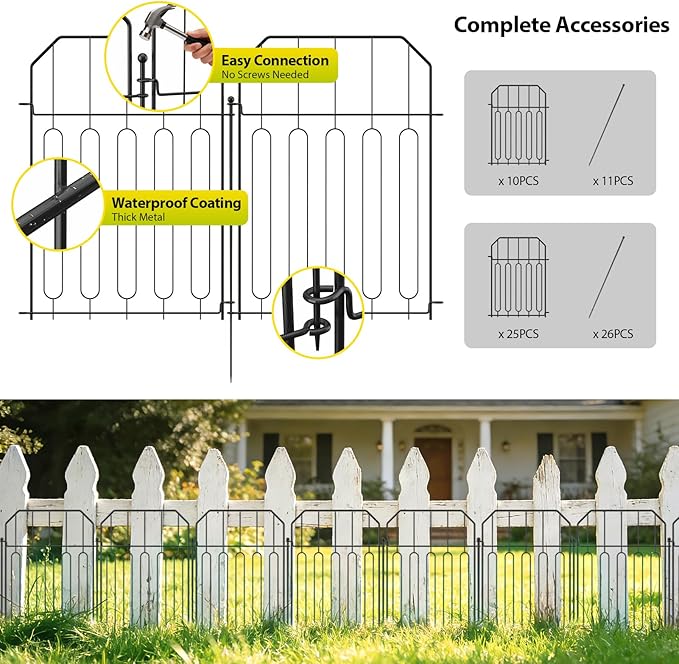 VANCASTLE Decorative Garden Fence, Toatal 10FT(L) x 21IN(H) Outdoor Metal No Dig Fence Animal Barrier, Rustproof No-Tool Assembly Landscape Edging for Yard, Lawn, Patio, Flower Bed-10 Panels Design I