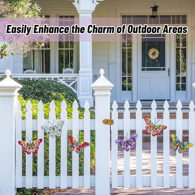 YOADEHOA 6Pcs Metal Butterfly Wall Decor, 3D Colorful Outdoor Fence Wall Art Decor, Hanging Wall Art Decoration for Garden Yard Living Room Bedroom Patio Balcon(Butterfly A)