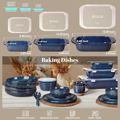 Artena Casserole Dishes For Oven, Ceramic Baking Dish, Large Lasagna Pan With Handles, Baking Pan Casserole Dish, Rectangular Bakeware Deep, Set Of 3 (5.1Qt/2.3Qt/1.1Qt) (Blue, With Lids)