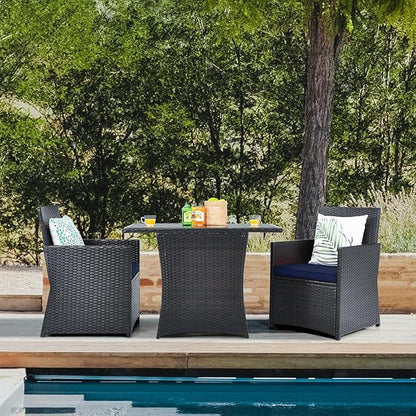 HAPPYGRILL 3 Pieces Outdoor Wicker Bistro Set PE Rattan Dining Table Set with Cushioned Chairs, Patio Conversation Set for Backyard Porch Garden and Poolside