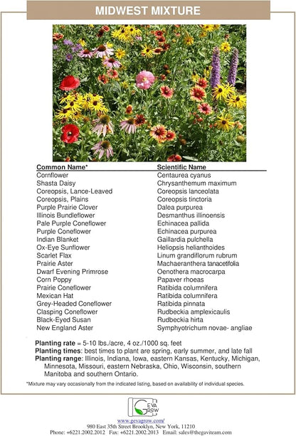 Midwest Wildflower Seeds Regional Mix - Organic, Non-GMO - 100% Pure Seed - 21 Different Wildflowers Seeds of Annual and Perennial, 1 LB Tub
