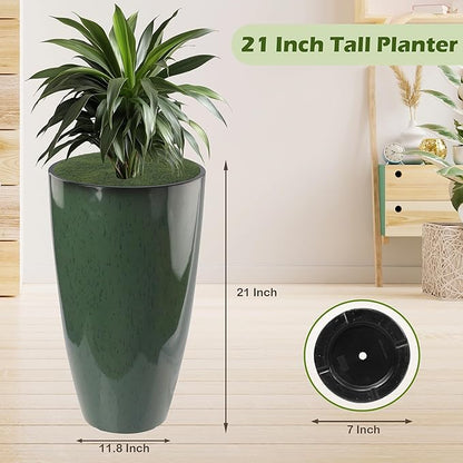 2 Packs 21 inch Tall Planter, Indoor Outdoor Round Planter for Porch, Large Plant Pot with Drainage Hole for Home Garden Front Door, Modern Decorative Pots for Plants (Green)